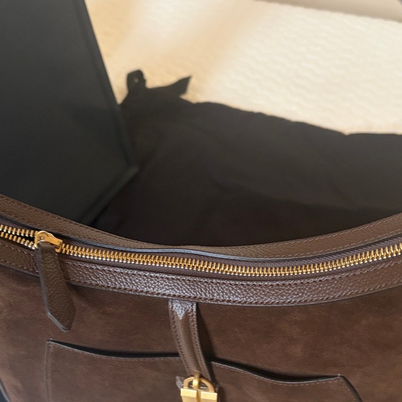 DeMellier Dark Brown Suede Hobo Shoulder Bag with Gold Padlock. Siena Hobo bag. - Picture 6 of 16